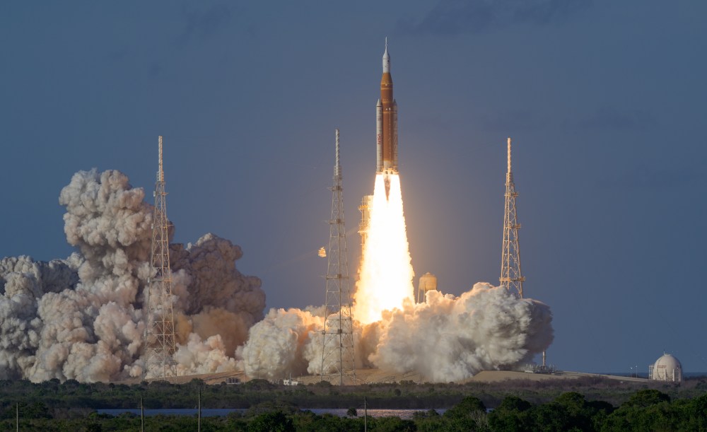Artemis II launch rising into the sky