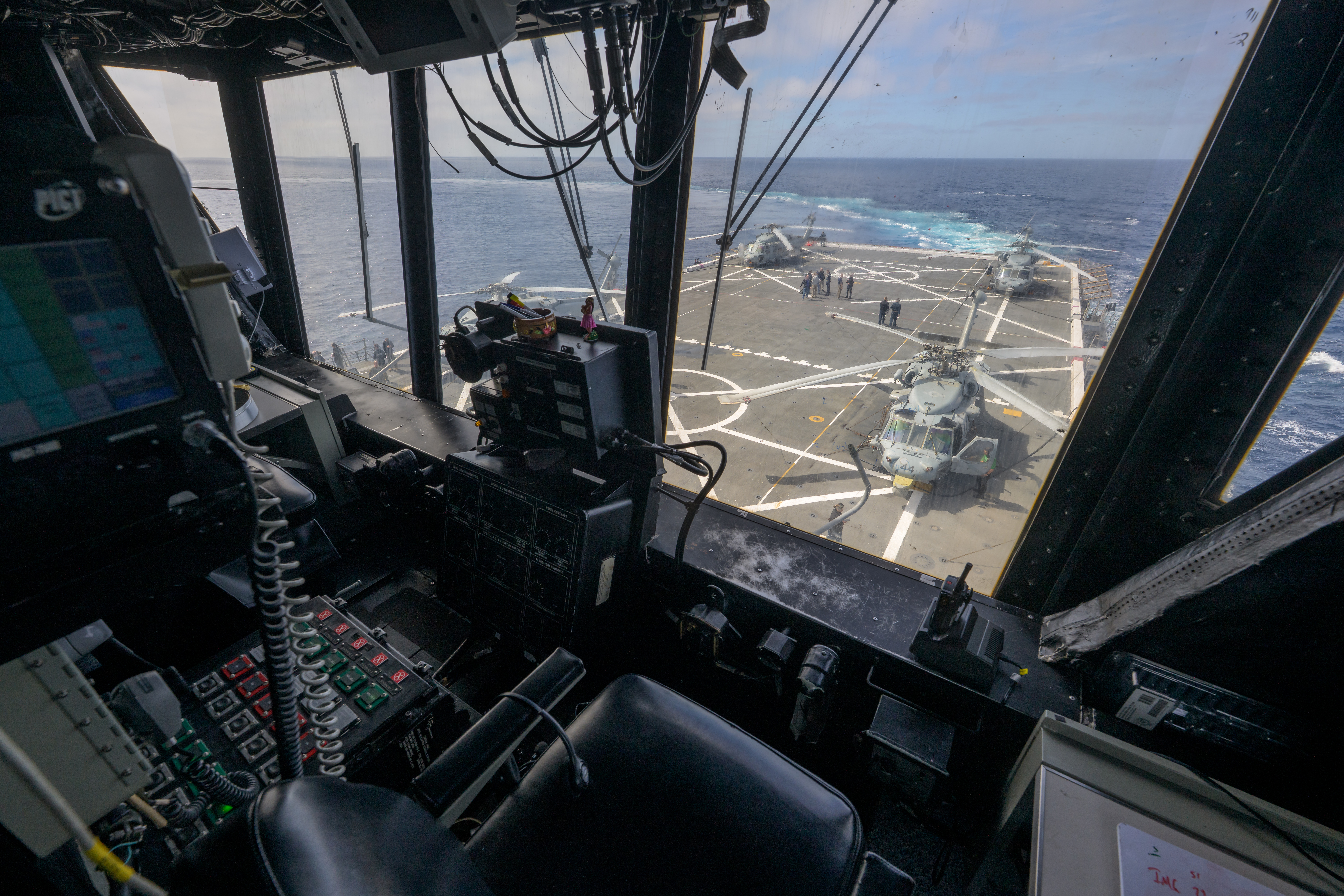 View of the USS John P. Murtha flight deck is seen from the air boss tower ahead of the return...
