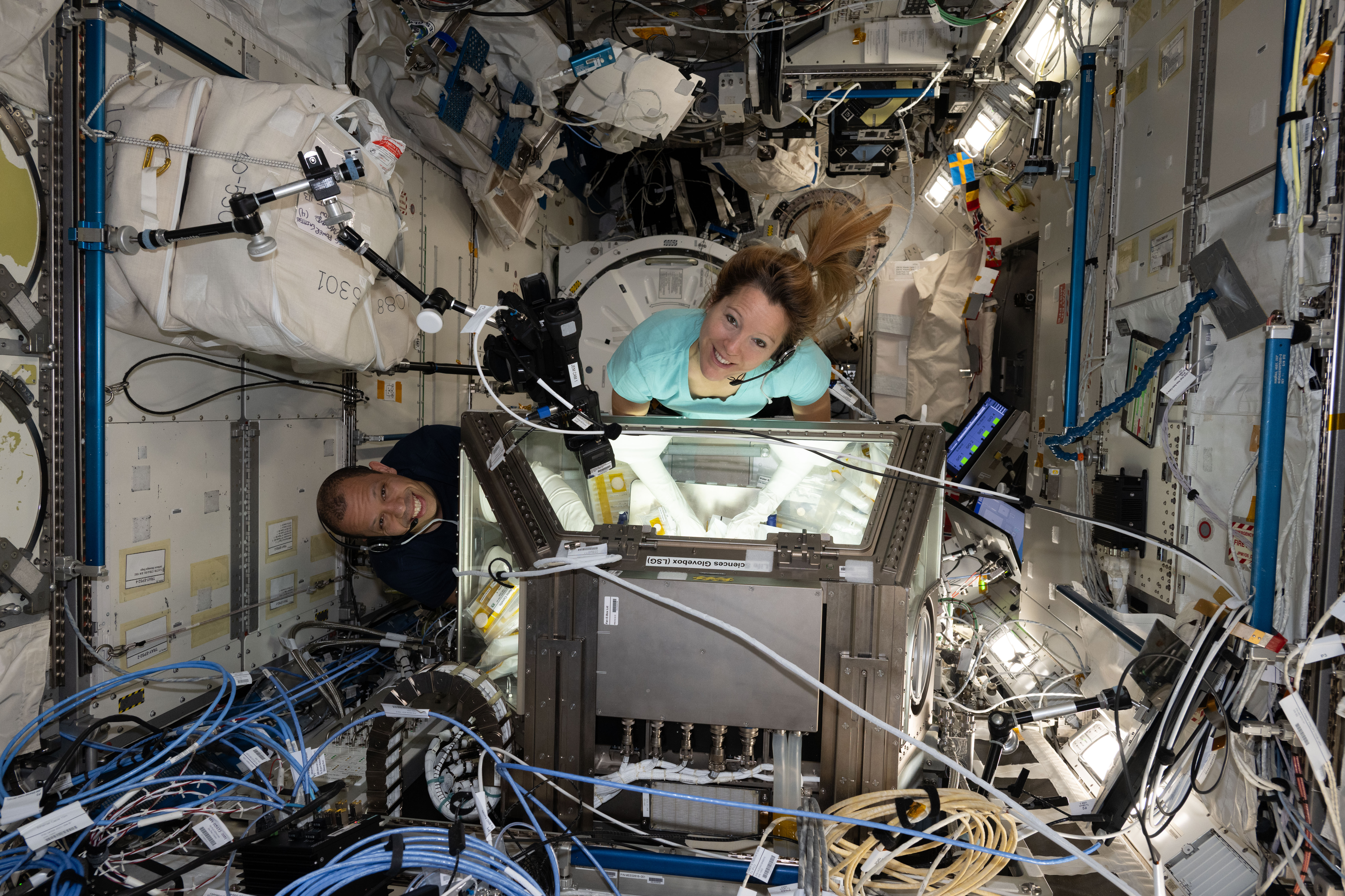 Two people look up at a camera. They each have their arms in gloves that go inside a lit-up rectangular box. We can see their arms through the windows on each side of the box. There are wires all around them inside the International Space Station.