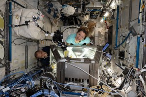 Two people look up at a camera. They each have their arms in gloves that go inside a lit-up rectangular box. We can see their arms through the windows on each side of the box. There are wires all around them inside the International Space Station.