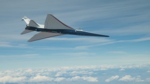 NASA's X-59 supersonic jet with blue hull and white wing and tail is seen from below as it flies among clouds.