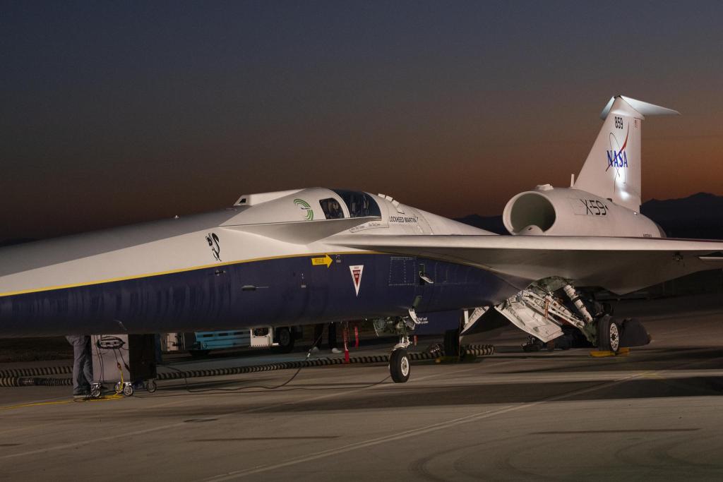 NASA’s X-59 quiet supersonic research aircraft sits on the ramp during engine run testing on Thursday, March 12, 2026.