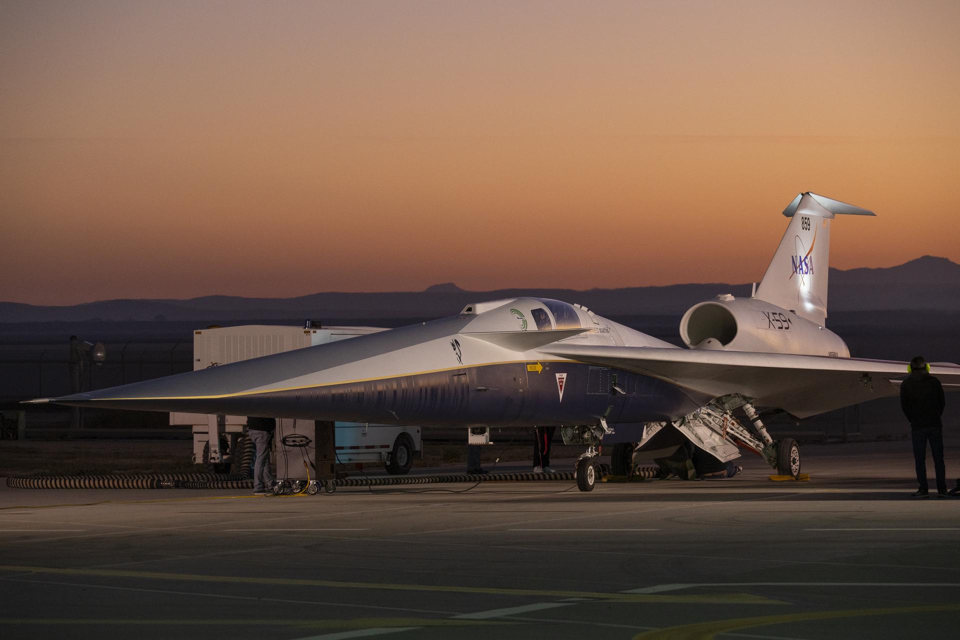 NASA’s X-59 quiet supersonic research aircraft sits on the ramp during engine run testing on Thursday, March 12, 2026.