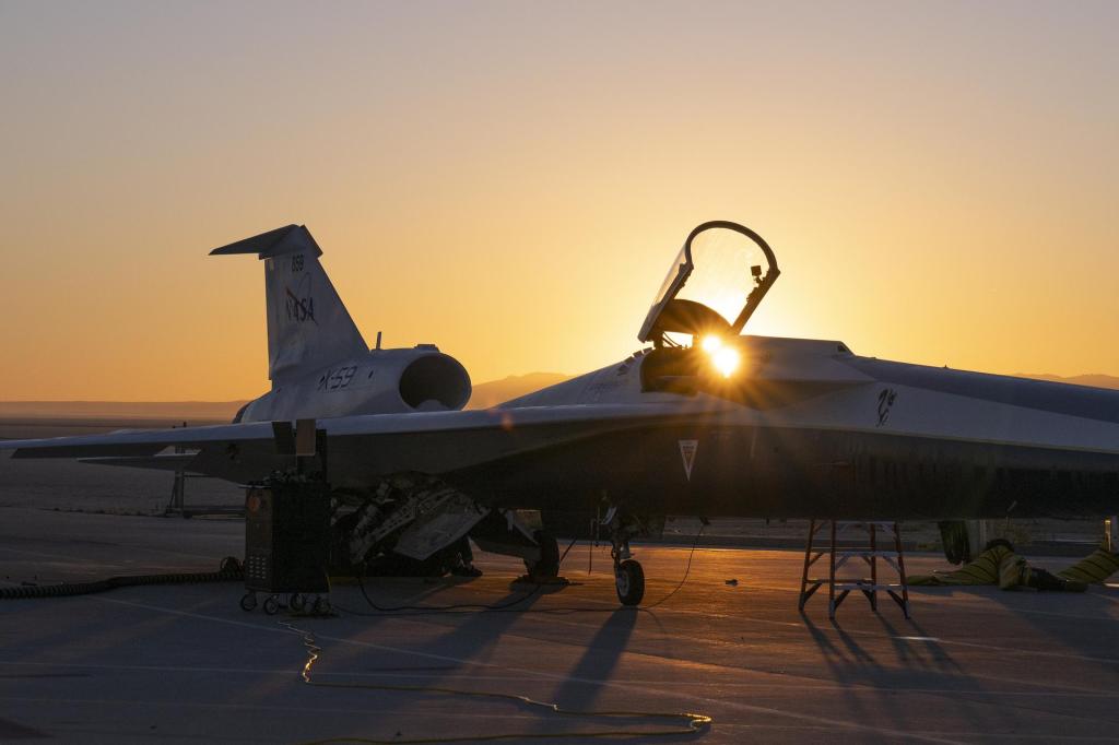 NASA’s X-59 quiet supersonic research aircraft during engine run testing on Thursday, March 12, 2026 at sunrise.