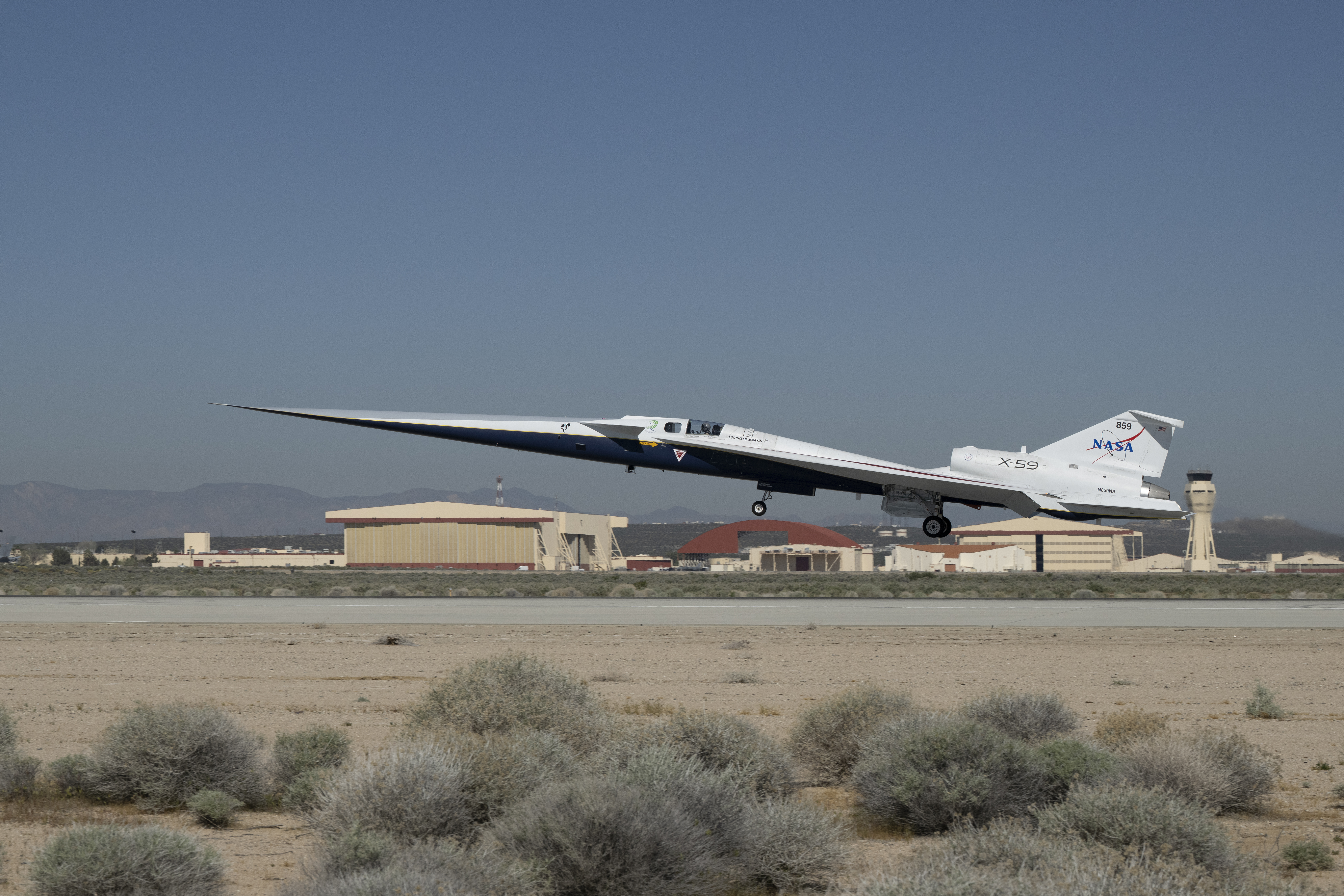 NASA's X-59 taking off the runway.