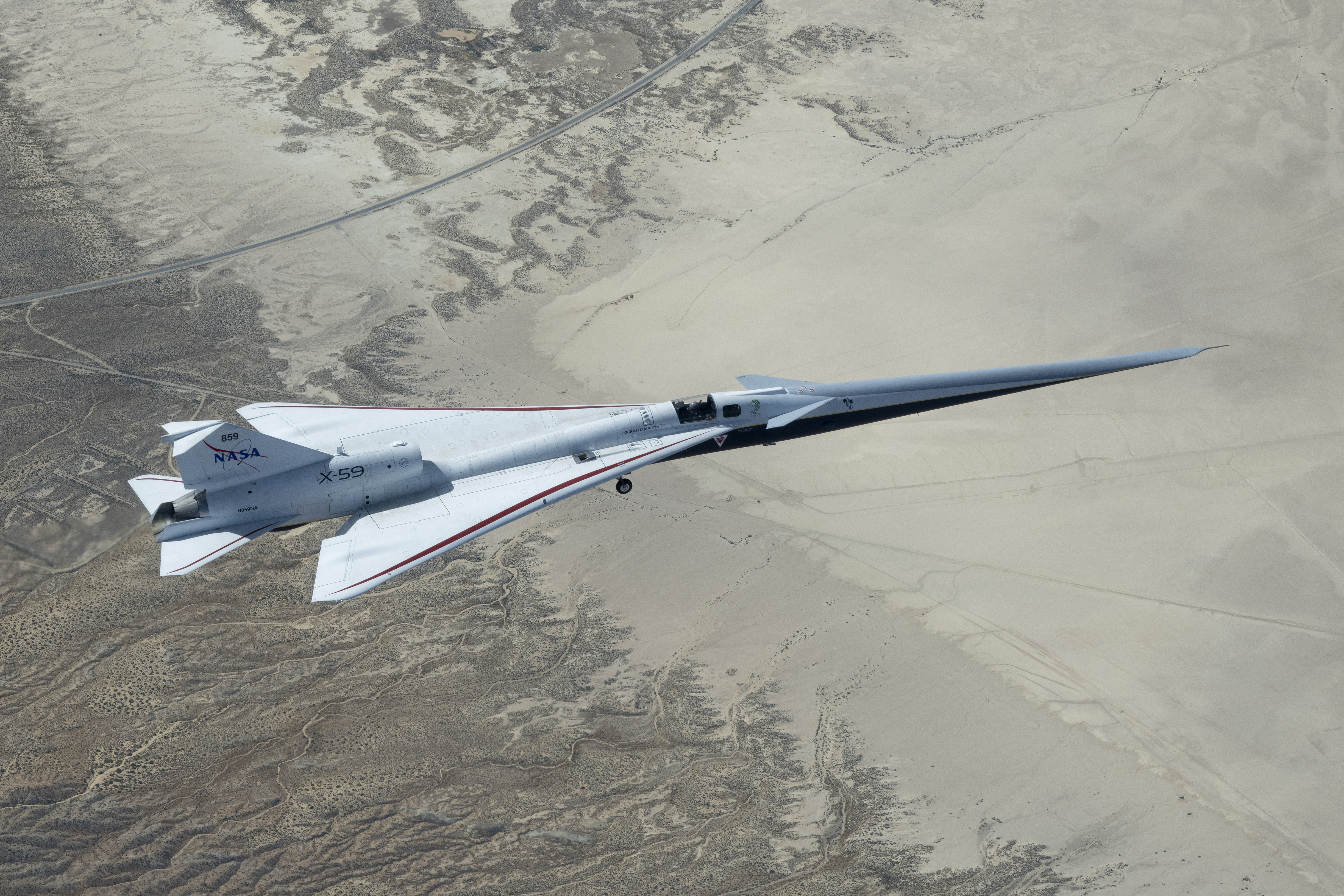 NASA's X-59 in flight over the Mojave Desert on it's third flight.