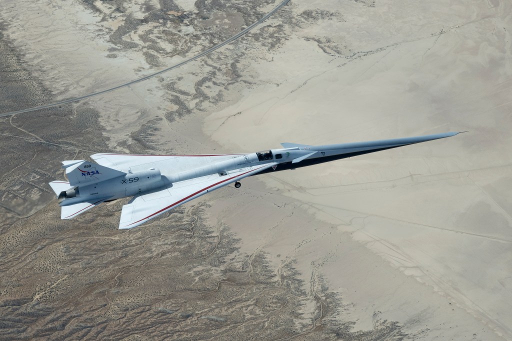 NASA's X-59 in flight over the Mojave Desert on it's third flight.