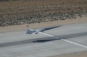 NASA's X-59 taking off from the runway at Edwards Air Force Base.