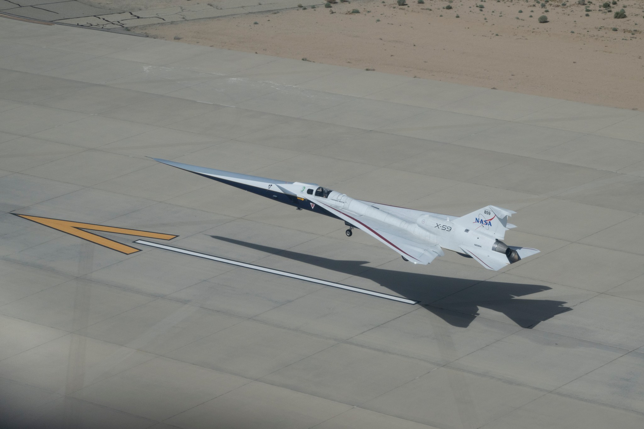 NASA's X-59 landing at Edwards Air Force Base.