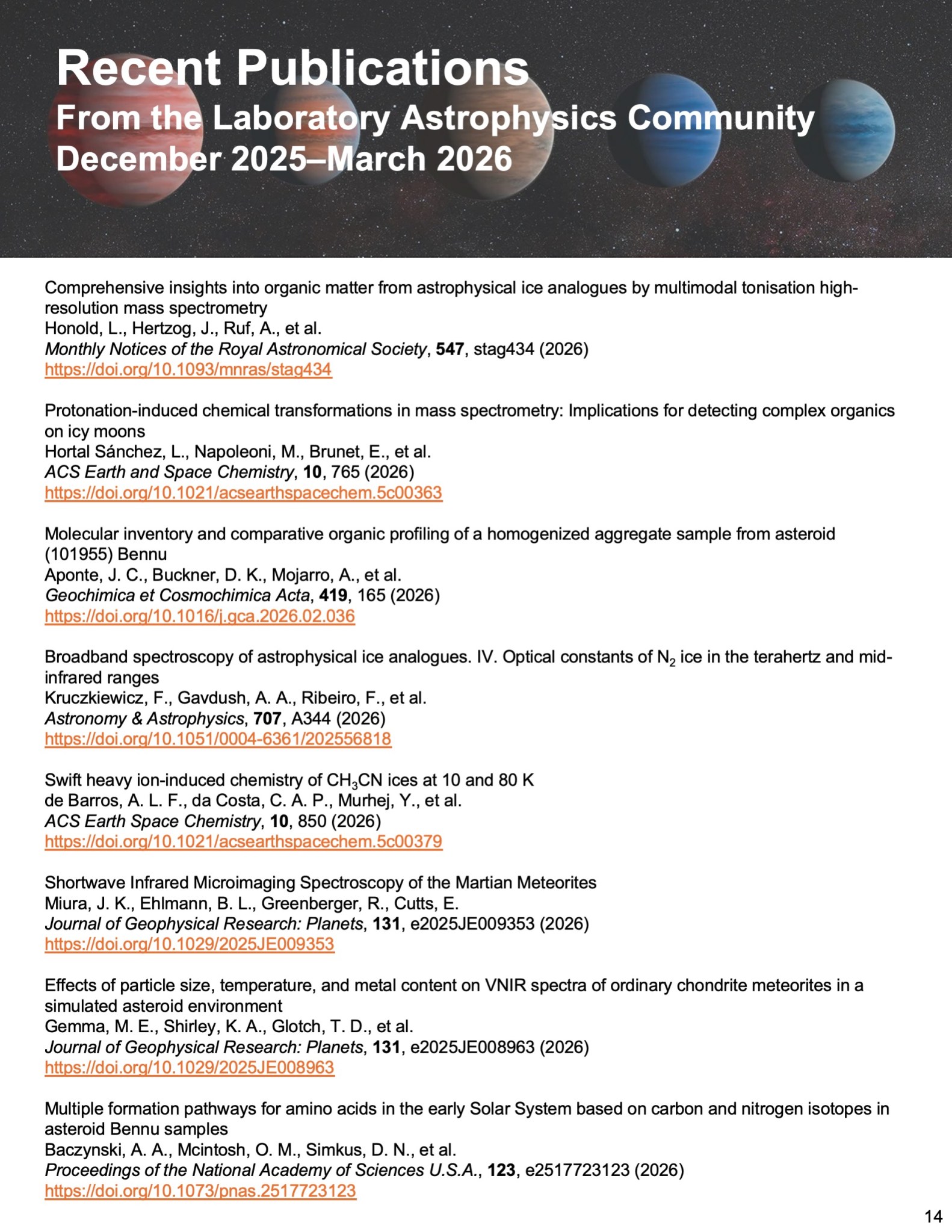 Image of the 14th page of the laboratory astrophysics newsletter issue 2, with text about the theme Exoplanets.