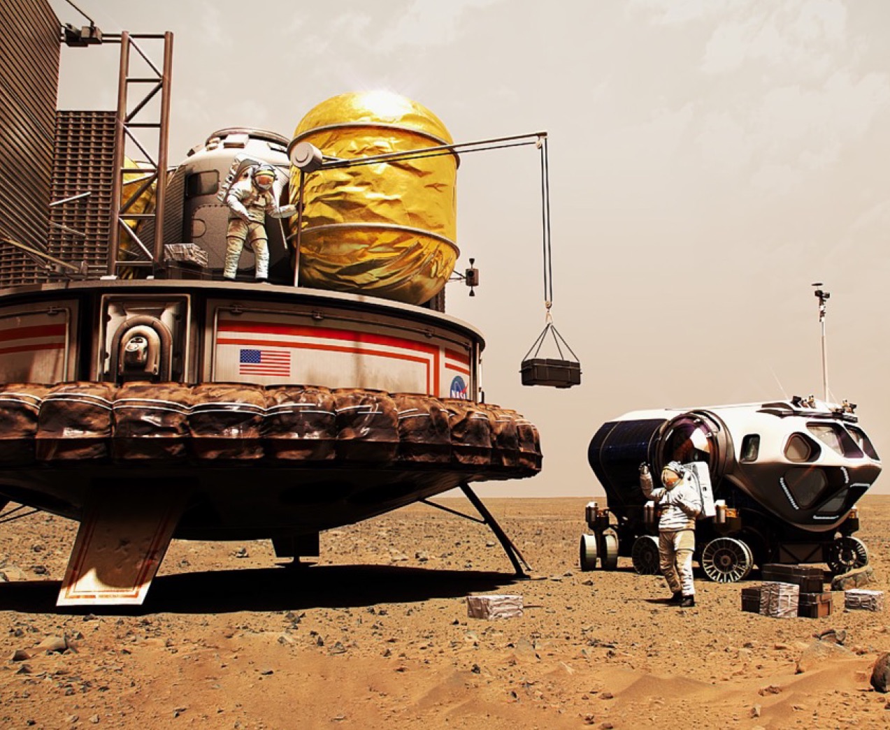Artist illustration of NASA astronauts lowering cargo from a docking station to the surface of Mars with a rover in the background.