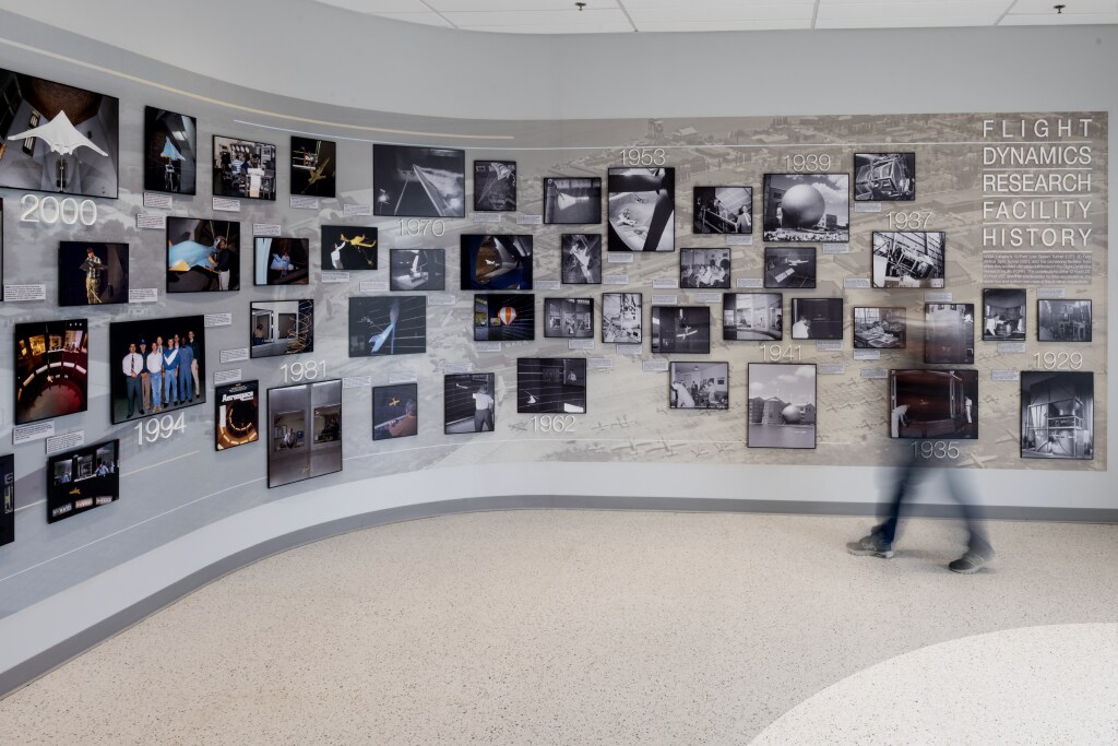 Flight Dynamics Research Facility wall of photos.