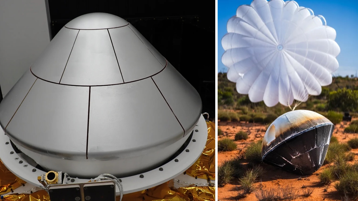 Left image, a large, silver, conical-shaped heat shield with segmented panels creating its surface. Right image, a capsule with burn marks and a billowing parachute behind it sits on the desert floor.
