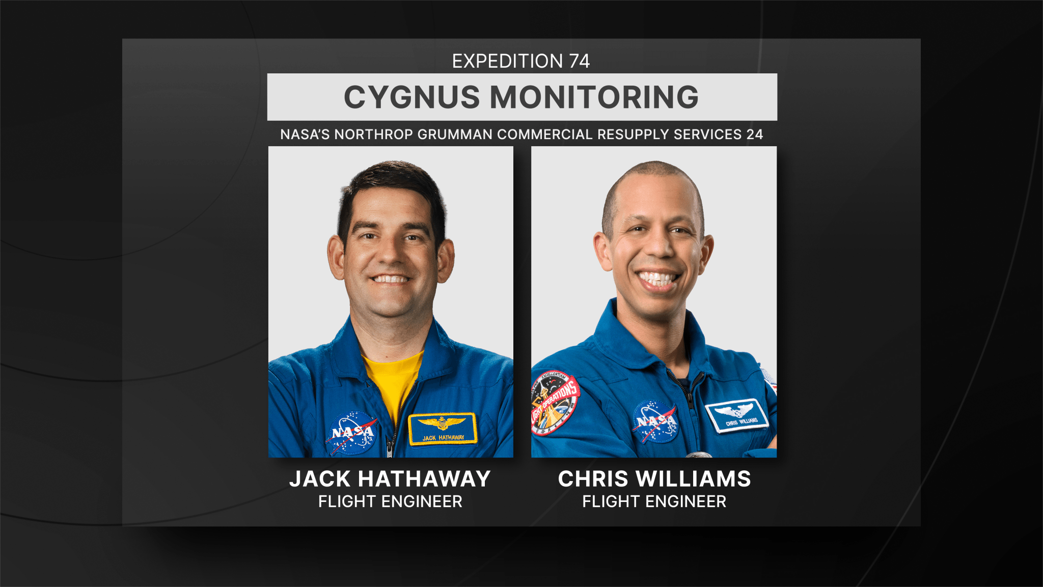 NASA astronauts Jack Hathaway and Chris Williams will be on duty during the Cygnus spacecraft’s approach and rendezvous. Hathaway will be at the controls of the Canadarm2 robotic arm ready to capture Cygnus as Williams monitors the spacecraft’s arrival.