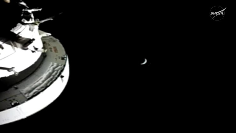 A live view shows an Earthrise after the Orion spacecraft emerged from behind the Moon during today's lunar flyby.