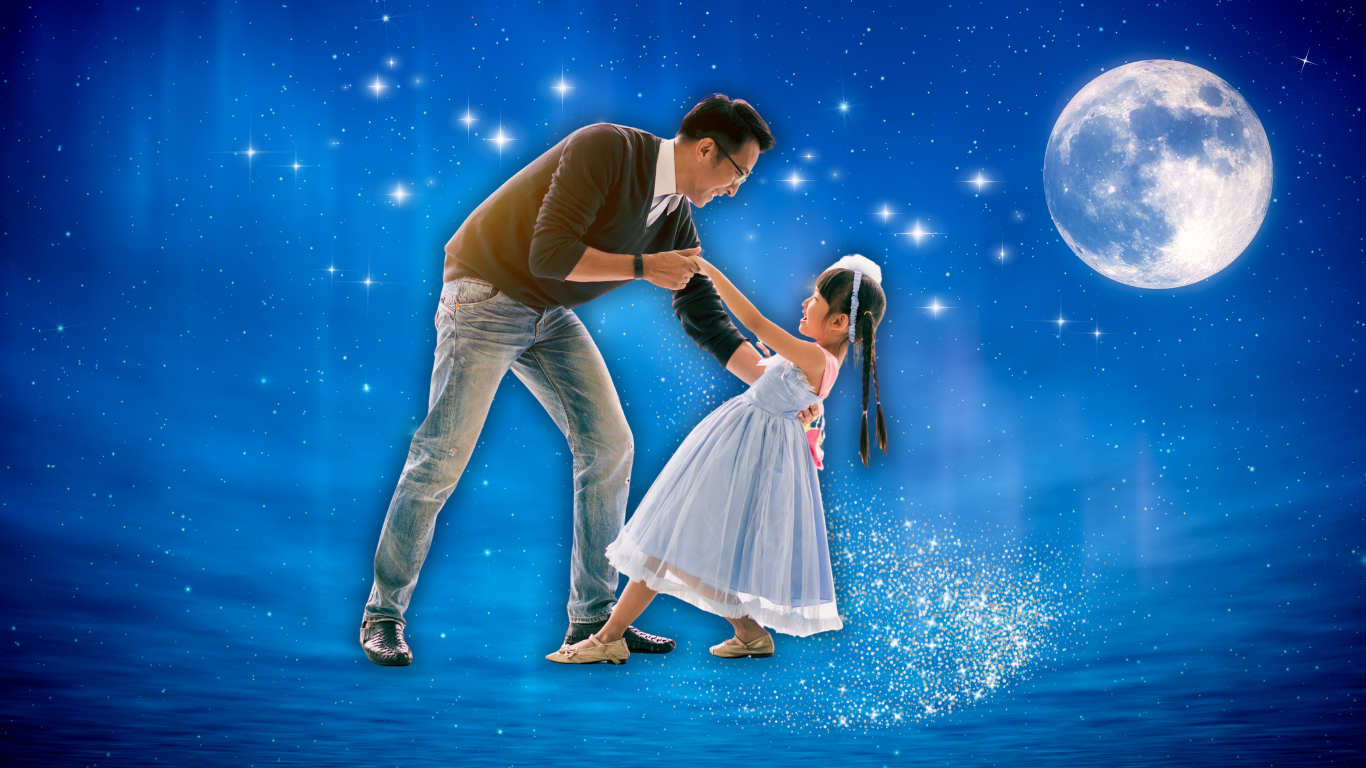 A father and young daughter dancing in front of a moonlit blue background.