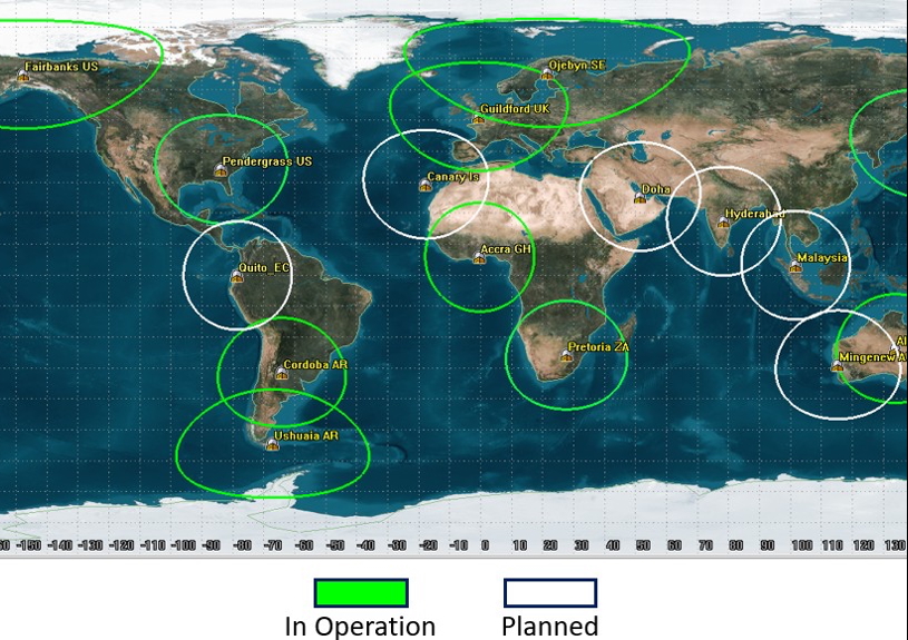 a map of the world with various areas circled in green or white