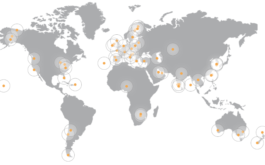 world map showing ground network with concentric circles
