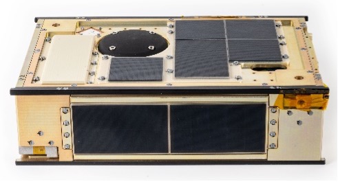a rectangular box consisting of a yellow metal and solar arrays among other hardware