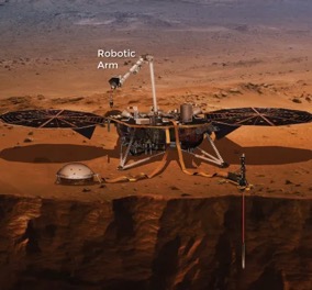 Artist illustration of a Martian lander on the surface of Mars.