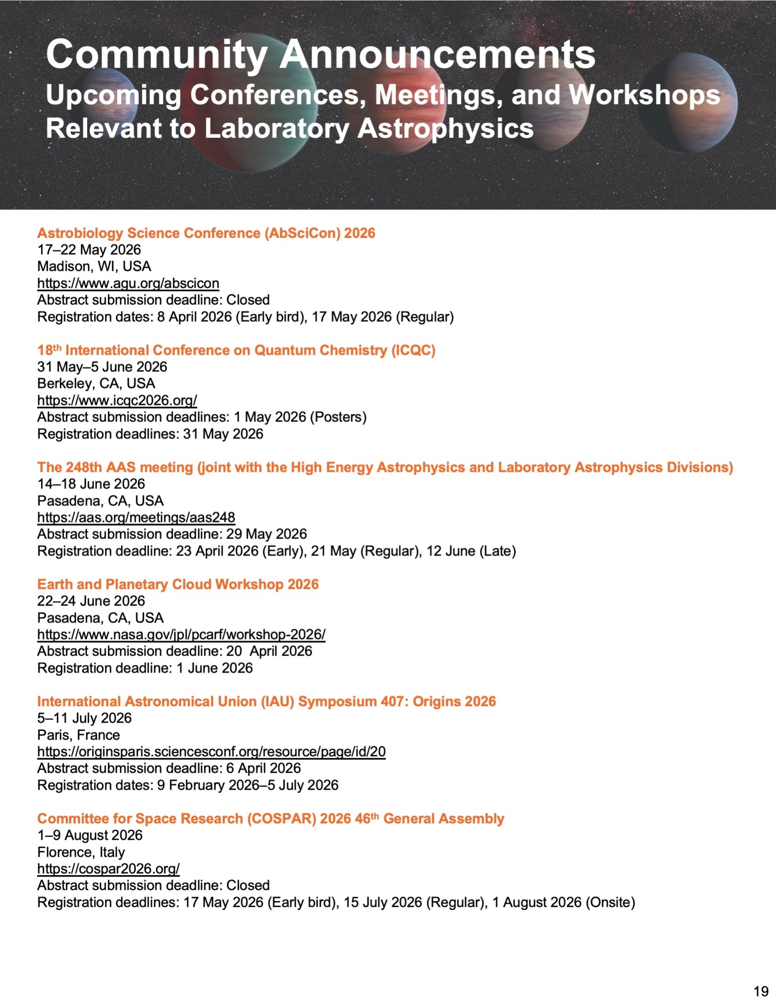 Image of the 19th page of the laboratory astrophysics newsletter issue 2, with text about the theme Exoplanets.