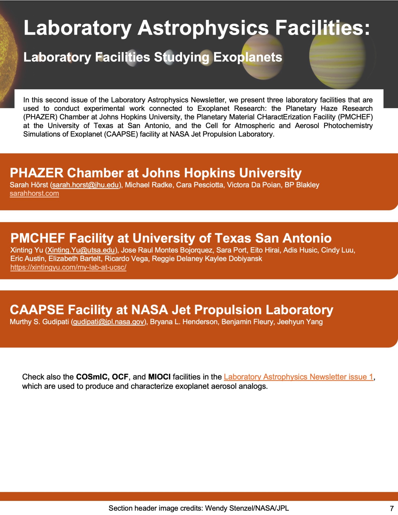 Image of the 8th page of from the Laboratory Astrophysics Newsletter Issue 2 with the theme Exoplanets. The image shows the Facilities cover page.