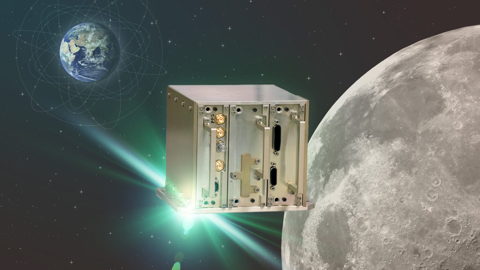Illustration of the NavCube3-mini navigation payload floating in space between Earth and the Moon. Earth appears in the upper left with stylized orbital lines surrounding it, while the Moon fills the right side of the image. A bright green glow behind the spacecraft highlights the technology’s role in extending Global Navigation Satellite System capabilities to support navigation in lunar orbit and cislunar space.
