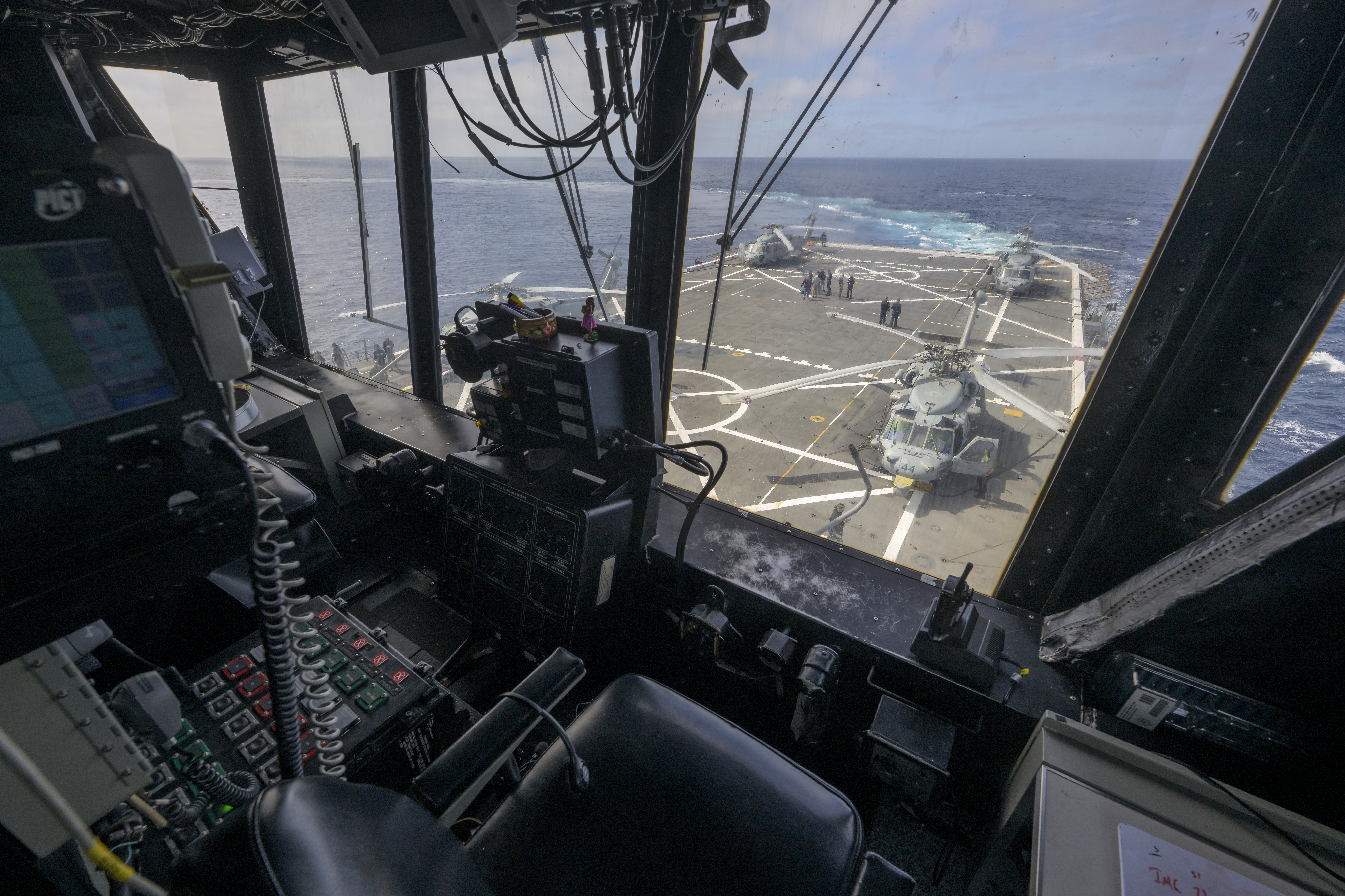 View of the USS John P. Murtha flight deck is seen from the air boss tower ahead of the return...
