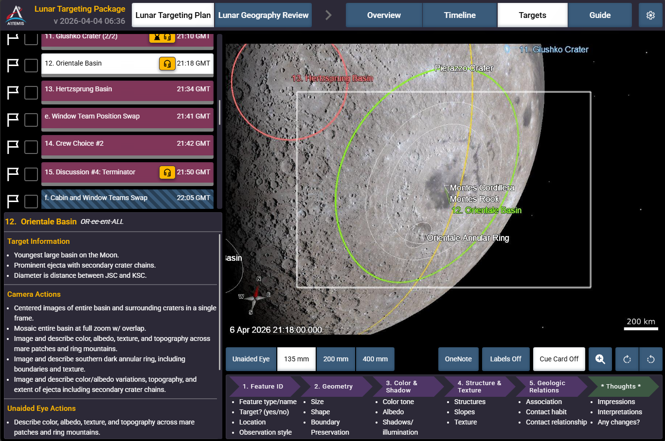 A screenshot of the application the Artemis II crew sees on their PCDs that guides them in the execution of the lunar science observation plan. This custom software was built by the Crew Lunar Observations Team, a subset of the Artemis II lunar science team. In this screenshot you can see Orientale basin, target number 12 circled on the bottom right of the Moon, and to its left, target number 13, Hertzsprung basin.