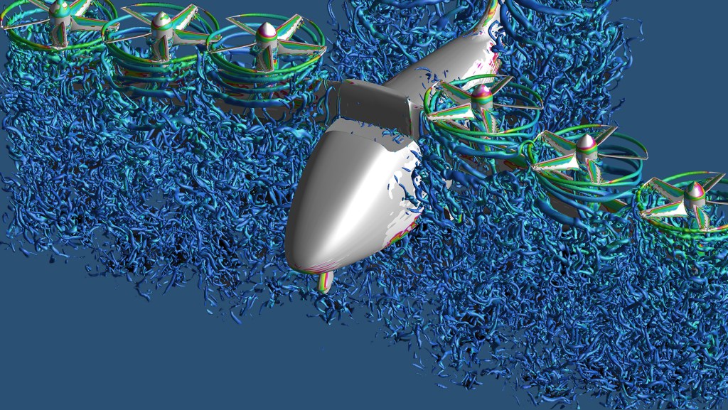 A still frame from a computer animation showing an aircraft with six propellors on its wing and the airflow around the vehicle illustrated by swirling blue lines.