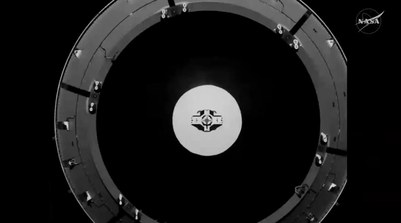 A view from the docking camera on NASA’s Orion spacecraft looking at the interim cryogenic propulsion stage as the Artemis II crew participates in a proximity operations demonstration. The demonstration tested the spacecraft’s ability to manually maneuver relative to another spacecraft using its onboard navigation sensors and reaction control thrusters.