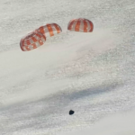 At 5,400 feet, Orion’s drogue parachutes were cut and the three main parachutes deployed, reducing velocity to less than 200 feet per second and guiding Orion on its final descent and splashdown.