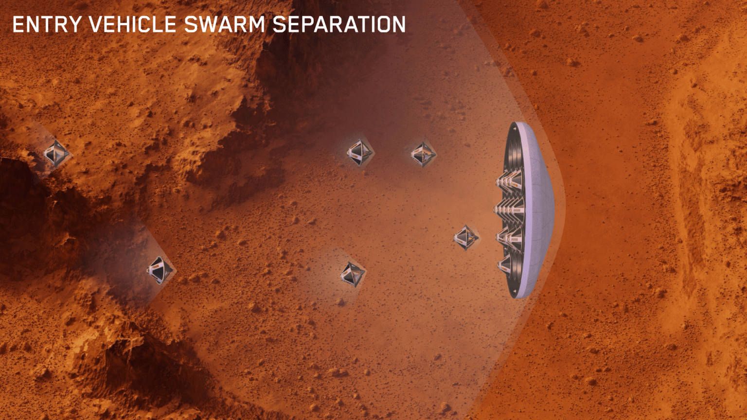 An artist's rendering of a spacecraft releasing smaller spacecrafts above a red planet landscape.