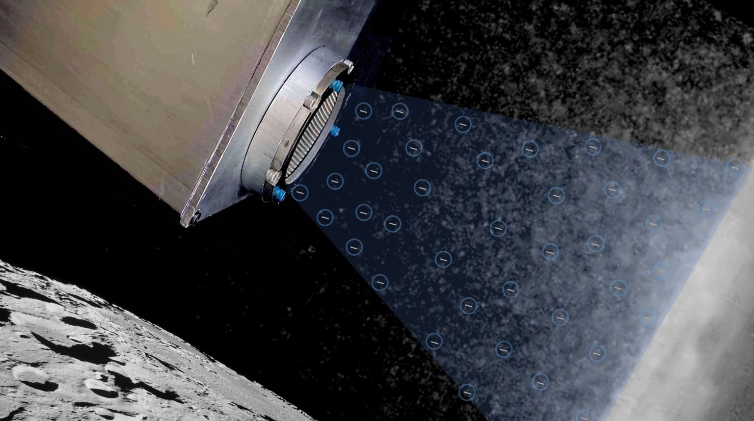 Mockup of a cube-shaped device with a round vent in space with the lunar surface beneath it. A cone-shaped area of simulated dust extends from the vent.