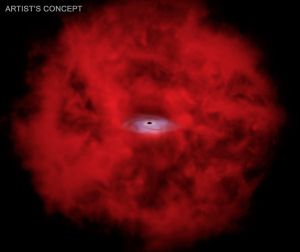 An artist's illustration of an X-ray dot. A growing supermassive black hole is at the center of a large, patchy sphere of red gas.