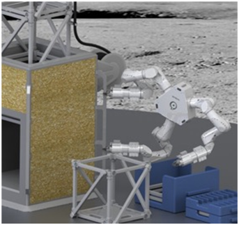 Artist illustration of a multi-armed inspection robot on the lunar surface.