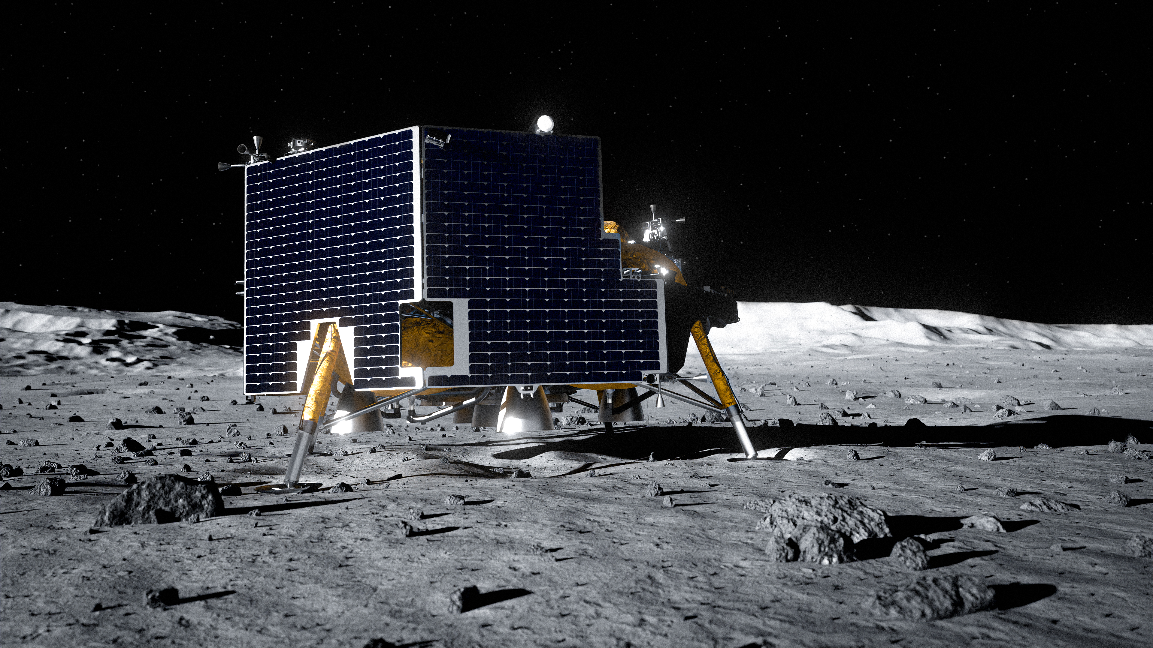 Artist’s rendering of Astrobotic’s Griffin Mission One lunar lander standing on the Moon’s surface. The lander is covered with large solar panels and sits on four landing legs surrounded by rocky lunar terrain.