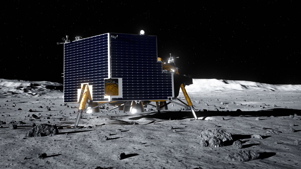Artist’s rendering of Astrobotic’s Griffin Mission One lunar lander standing on the Moon’s surface. The lander is covered with large solar panels and sits on four landing legs surrounded by rocky lunar terrain.