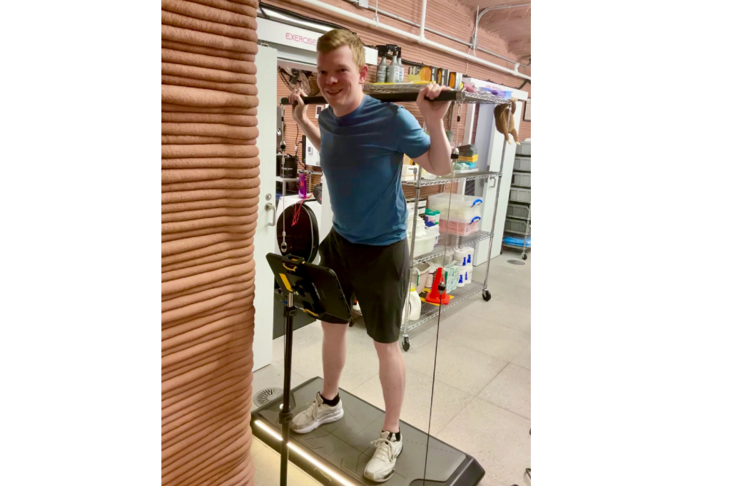 Crew Health and Performance Exploration Analog (CHAPEA) Mission 2 flight engineer, James Spicer, exercising in the habitat.