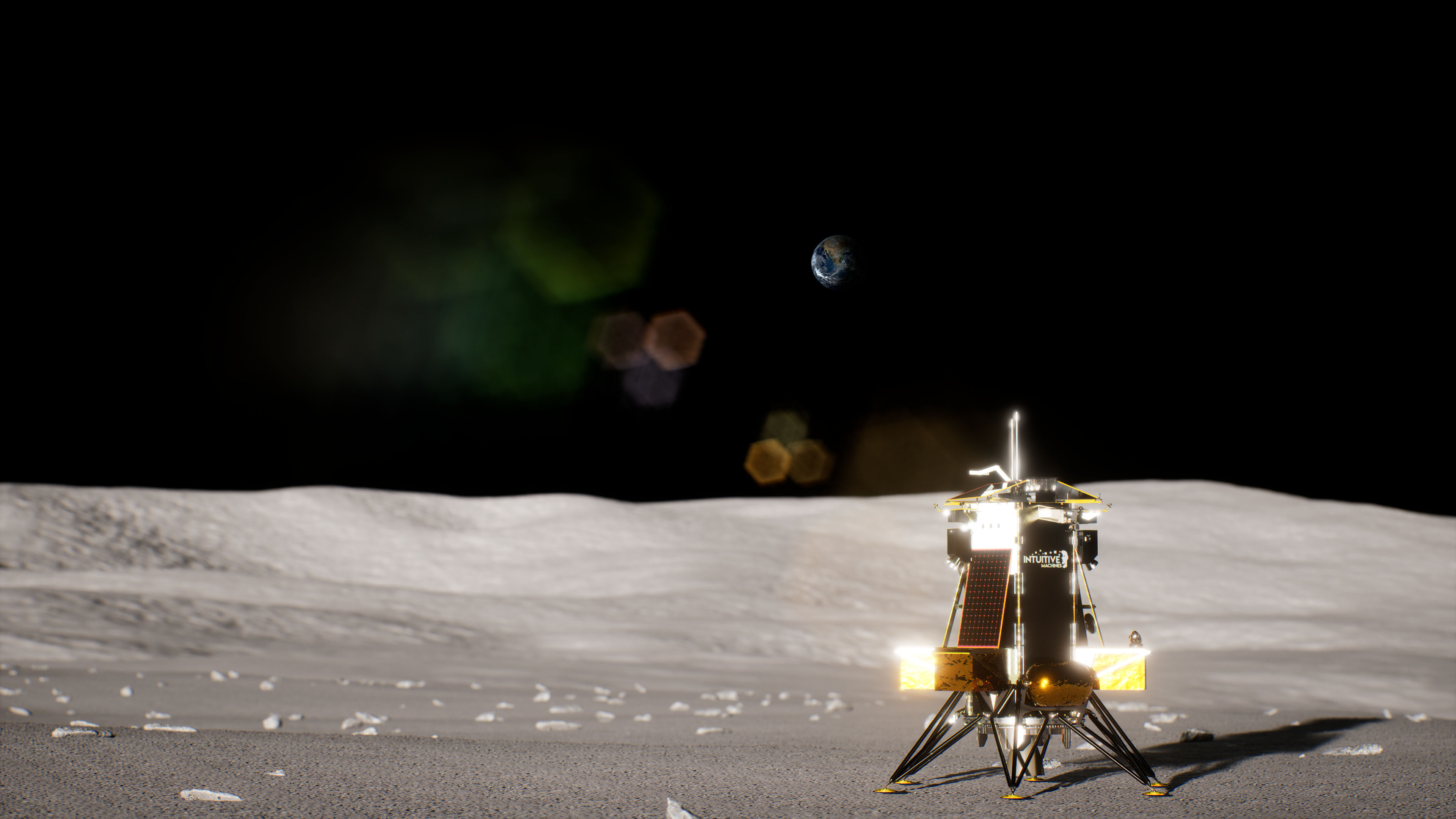 Artist’s rendering of Intuitive Machines’ Nova-C lunar lander standing on the lunar surface with Earth visible in the distance above the horizon.