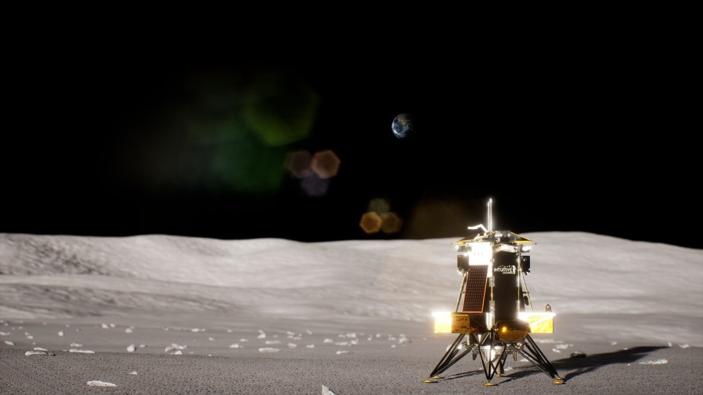 Artist’s rendering of Intuitive Machines’ Nova-C lunar lander standing on the lunar surface with Earth visible in the distance above the horizon.