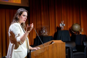 Mary Beth Wilhelm introduces the “Voices in Astrobiology” discussion panel during the 50th Anniversary of the Viking mission Symposium in the Syvertson Auditorium, N201.