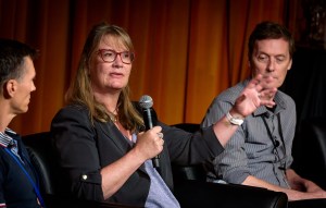 Niki Parenteau, middle, speaks on the panel discussion "Are We Ready to Search for Life Beyond Earth?" during the 50th Anniversary of the Viking mission Symposium in the Syvertson Auditorium, N201, with Jared Broddrick, left, and Richard Quinn.