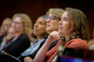 Becky McCauley Rench looks on the the speakers of the Viking 50th Anniversary Symposium at NASA Ames.