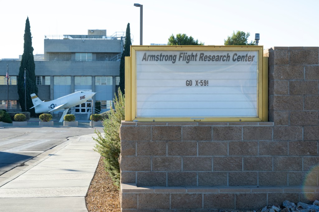 Sign at Armstrong Flight Research Center that says, Go X-59!