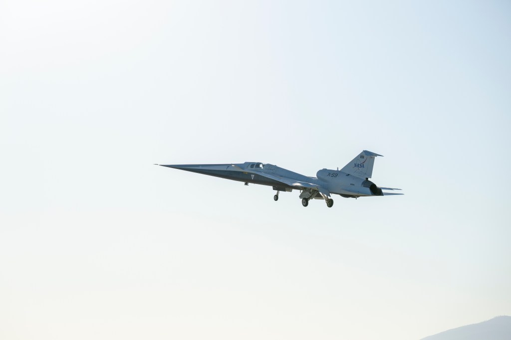 X-59 in flight as it's taking off into the skies.