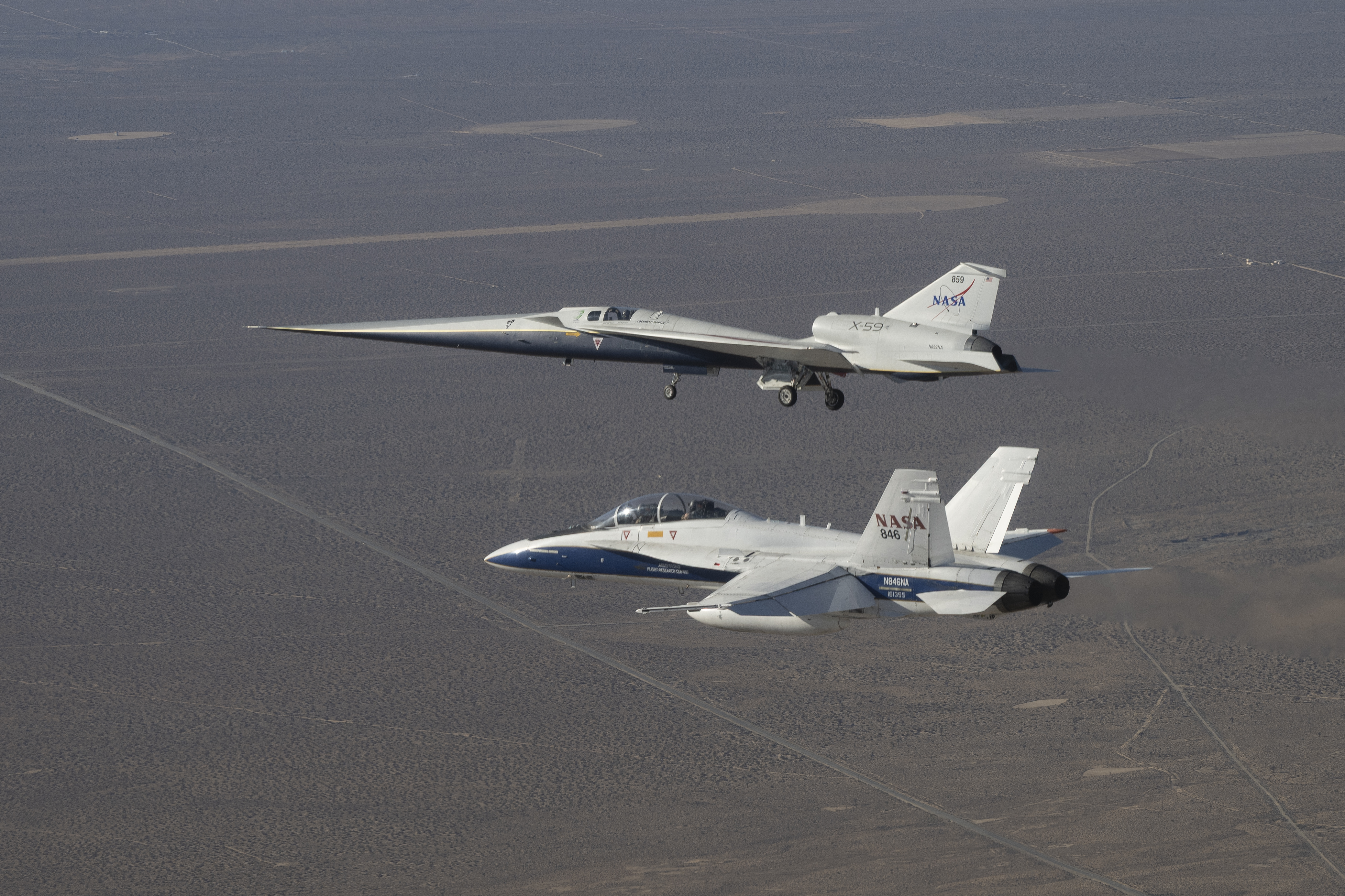 X-59 in flight with the F/A-18 aircraft.