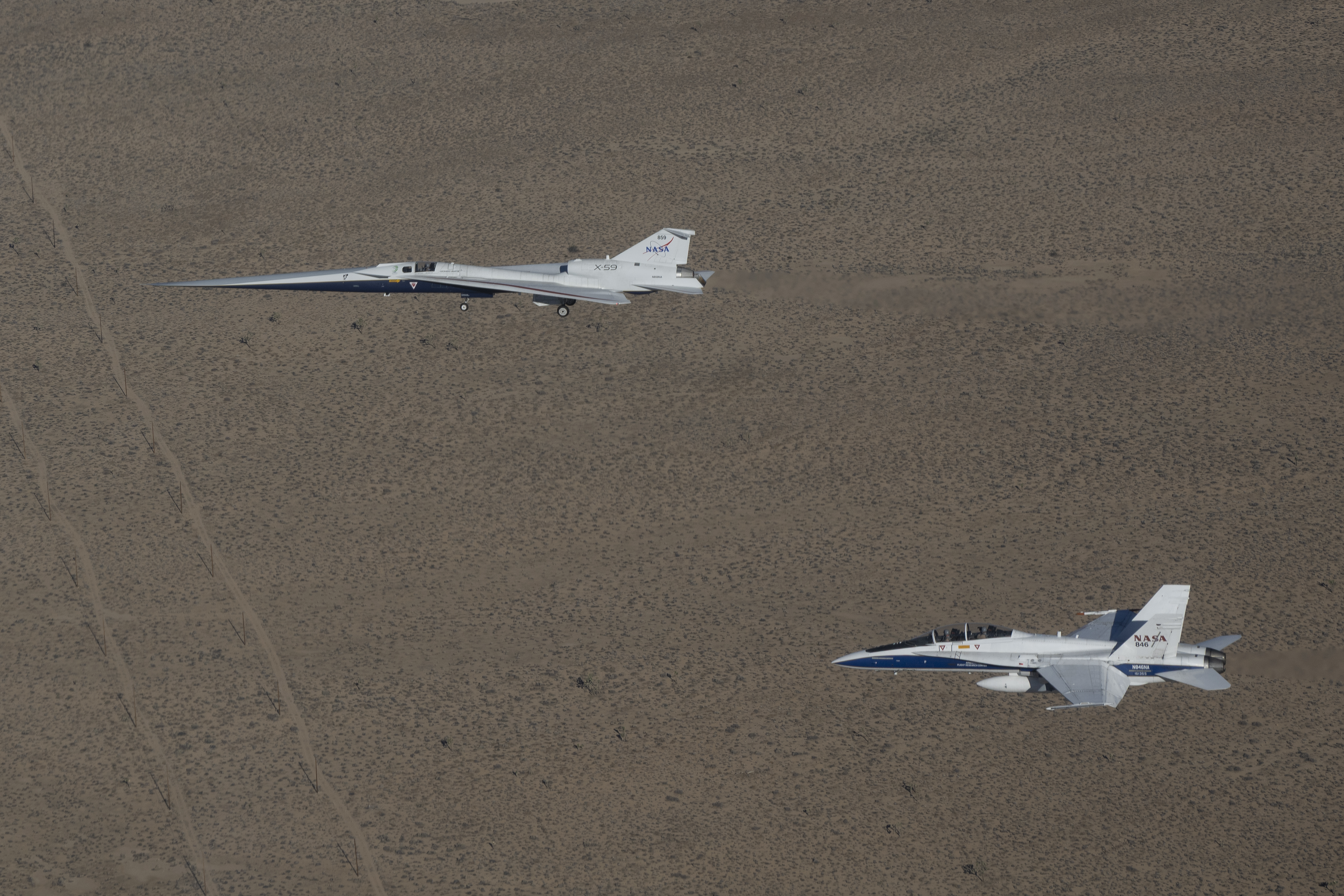 X-59 in flight with the F/A-18 aircraft.