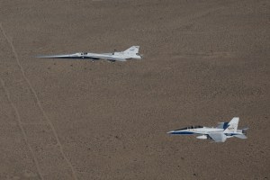 X-59 in flight with the F/A-18 aircraft.