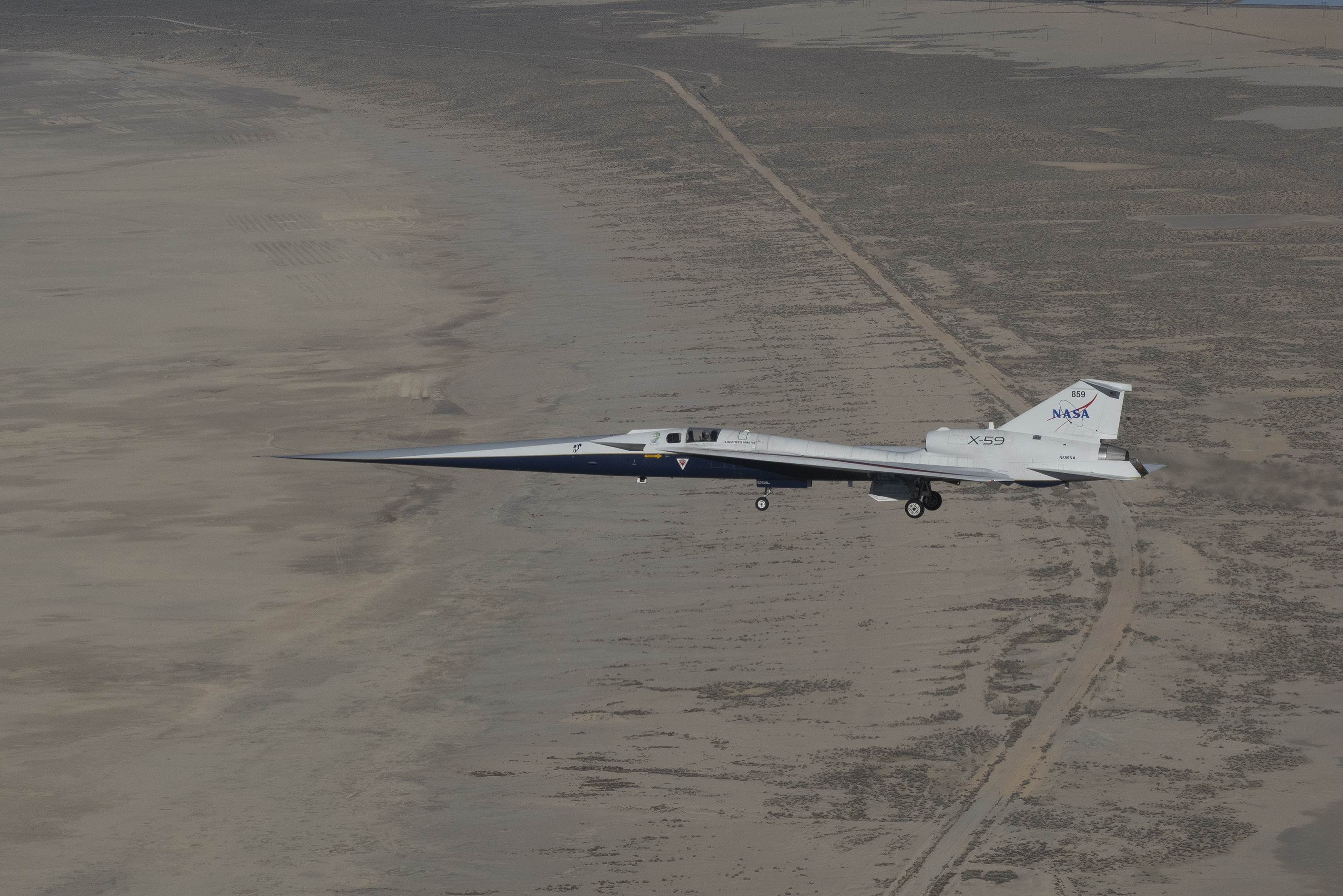 X-59 in flight above Palmdale and Edwards, CA.